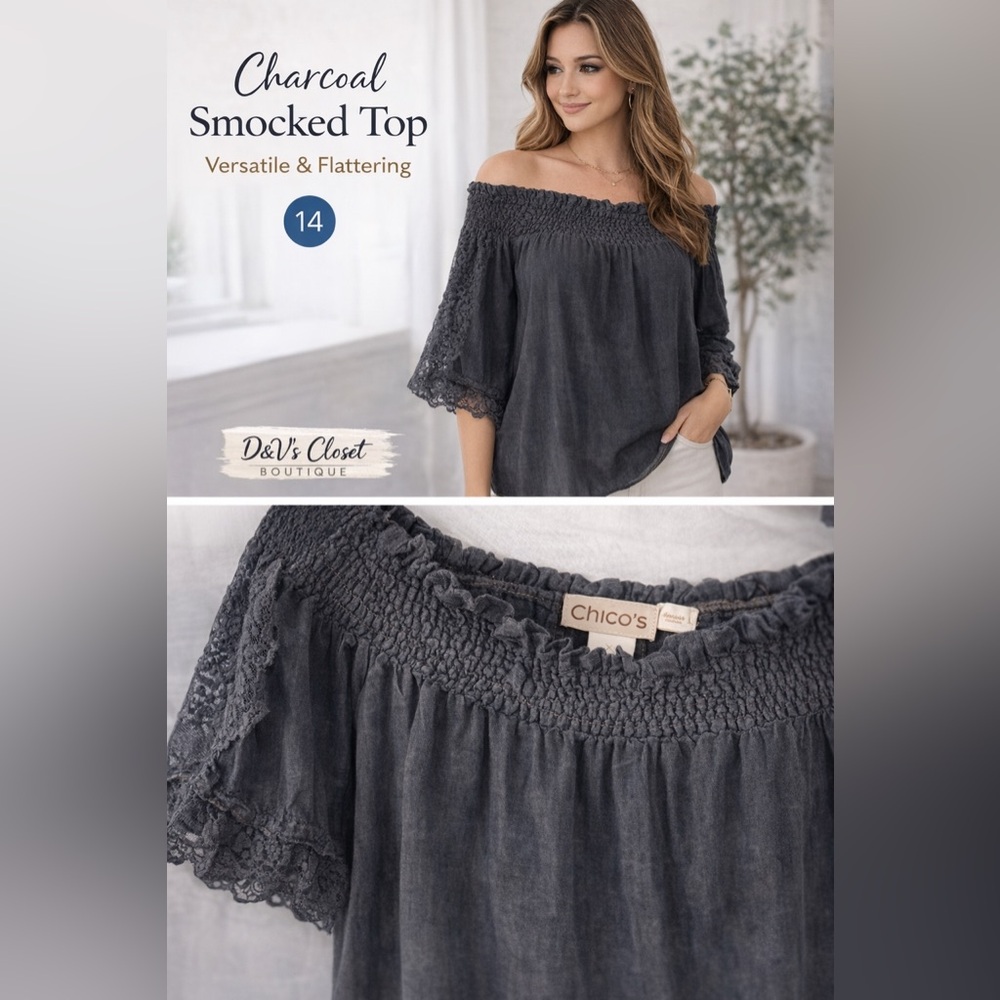 Chico’s Charcoal Smocked Blouse L | Off Shoulder | Lace Sleeve | Flowy Chic Top